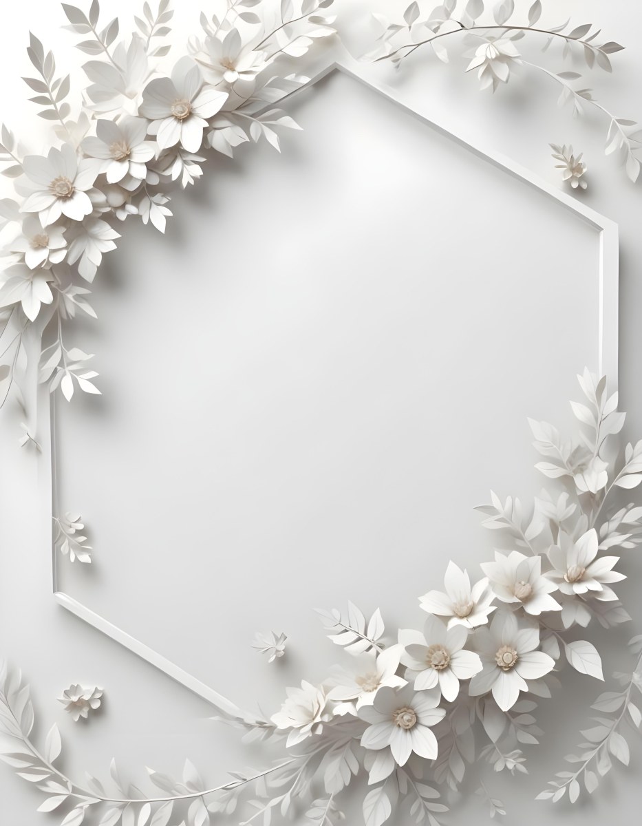 A White And Gold Ornate Frame With Floral Decorations Including White Flowers And Green Leaves Against A Light Blue Background 89 7af2