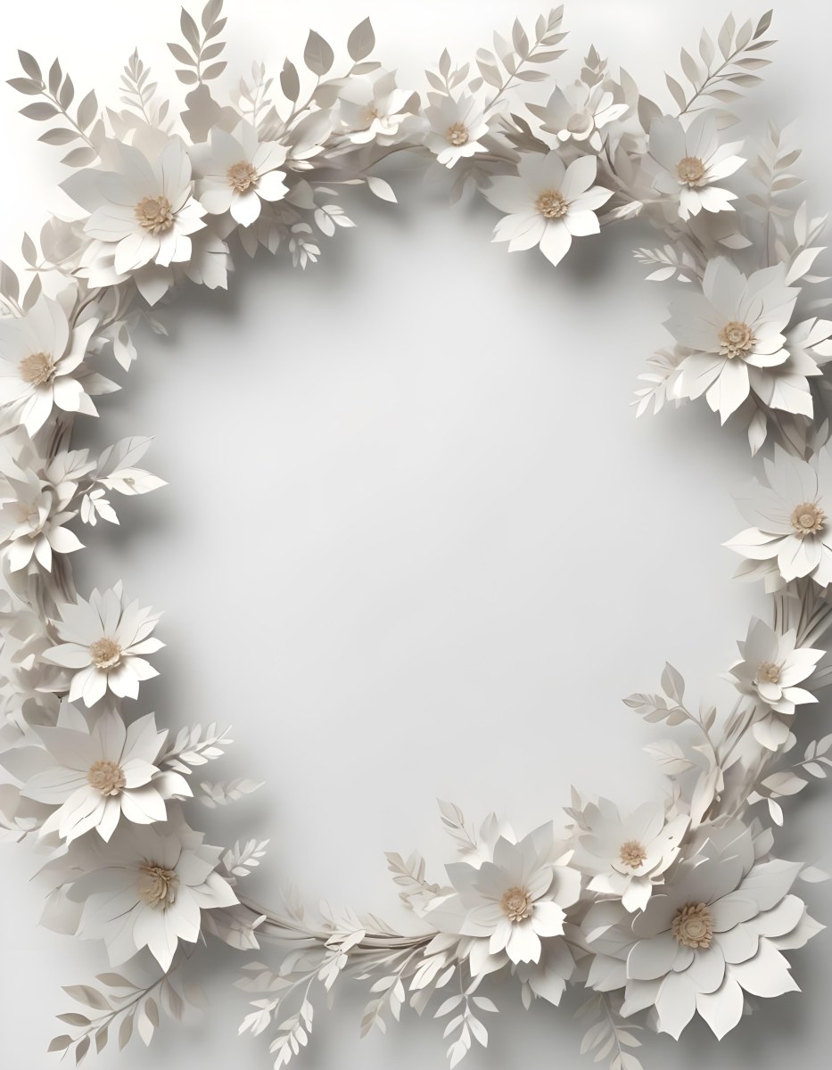 A White And Gold Ornate Frame With Floral Decorations Including White Flowers And Green Leaves Against A Light Blue Background 91 B209