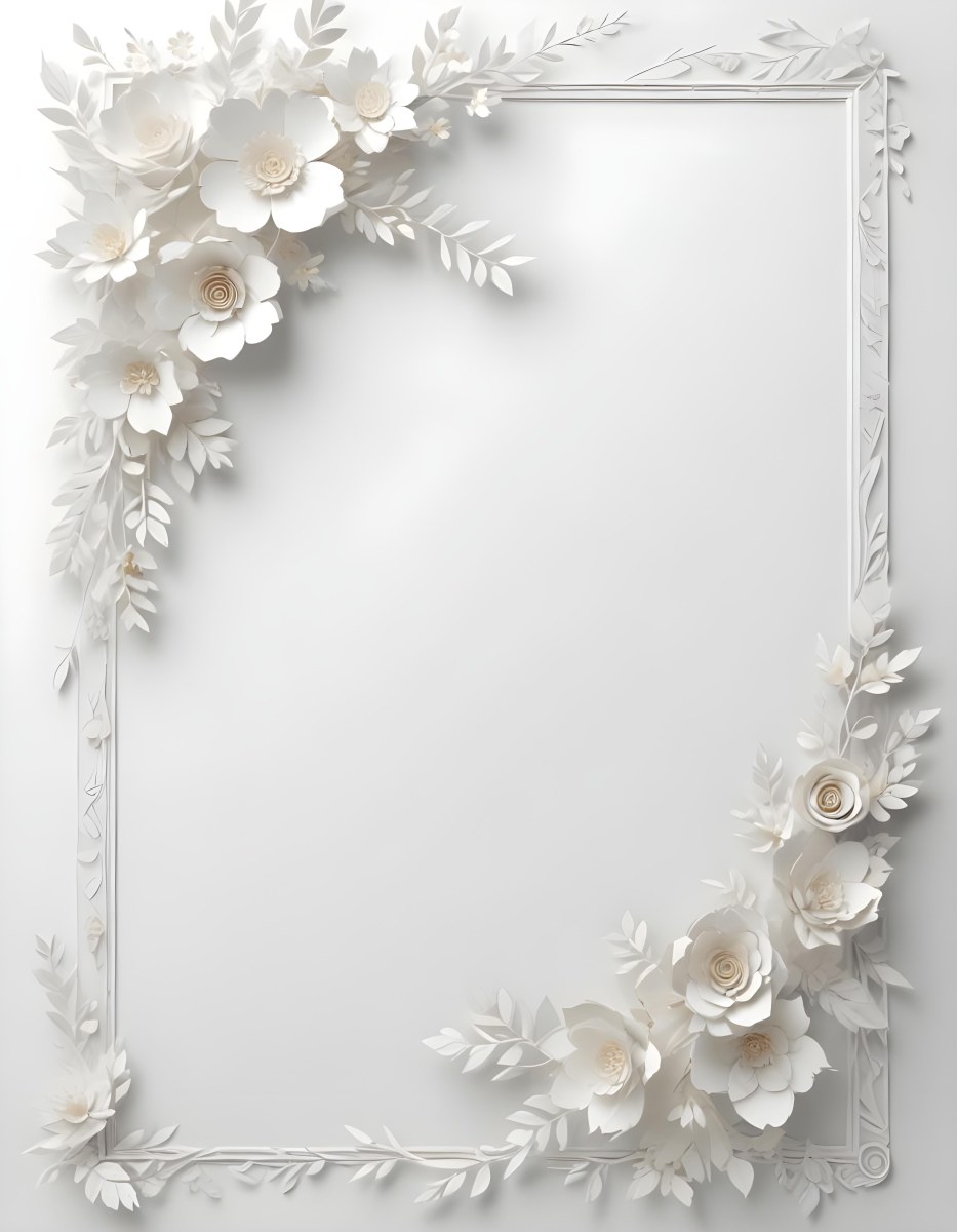 A White And Gold Ornate Frame With Floral Decorations Including White Flowers And Green Leaves Against A Light Blue Background 92 1b98