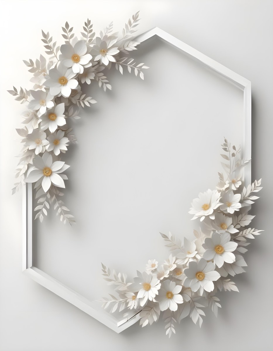 A White And Gold Ornate Frame With Floral Decorations Including White Flowers And Green Leaves Against A Light Blue Background 93 F691