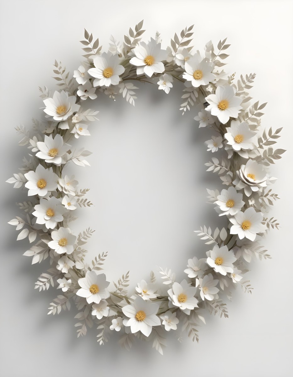 A White And Gold Ornate Frame With Floral Decorations Including White Flowers And Green Leaves Against A Light Blue Background 94 4a50