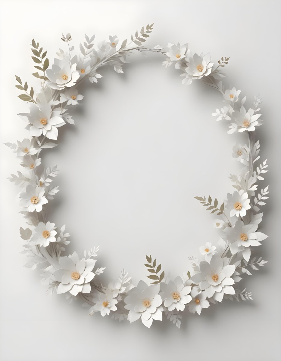 A White And Gold Ornate Frame With Floral Decorations Including White Flowers And Green Leaves Against A Light Blue Background 95 6e39