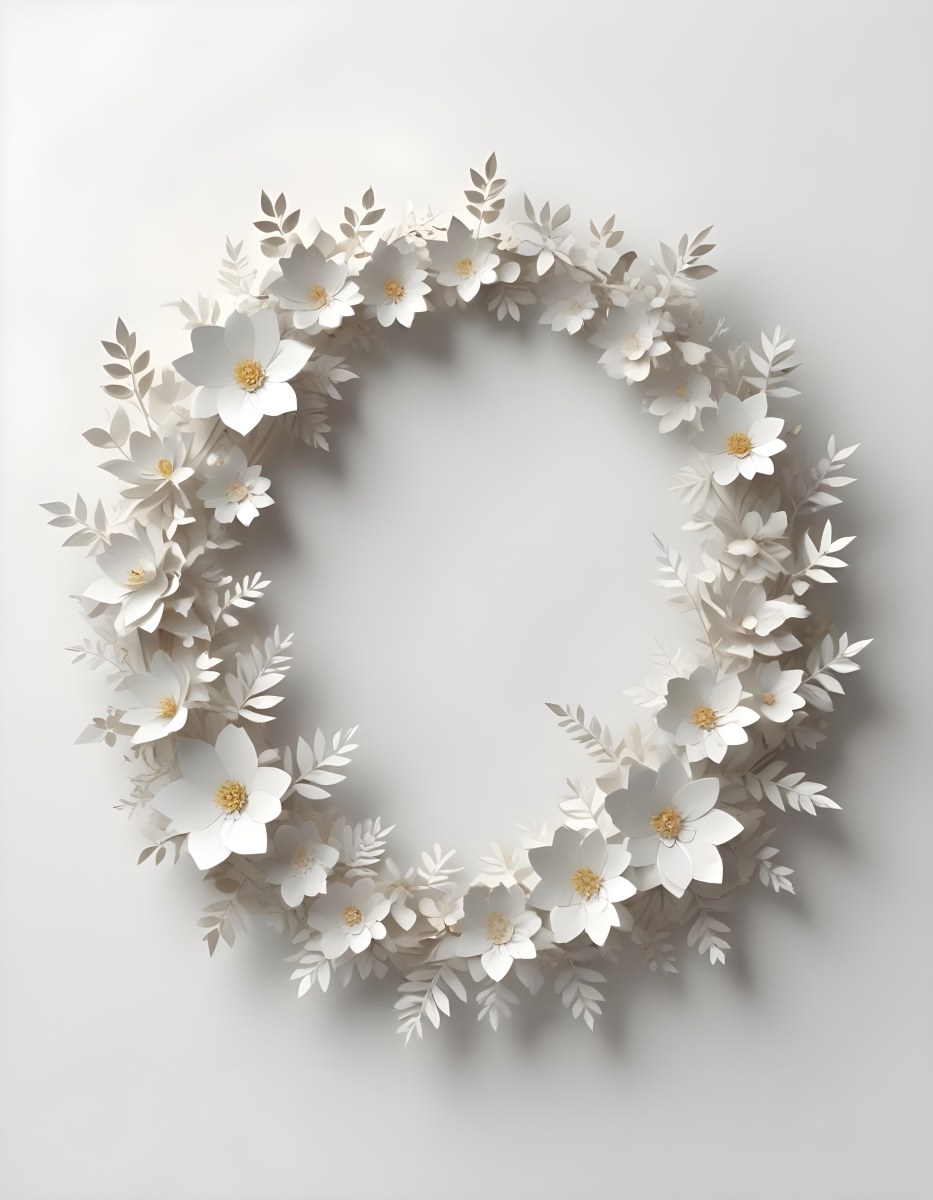 A White And Gold Ornate Frame With Floral Decorations Including White Flowers And Green Leaves Against A Light Blue Background 96 B006