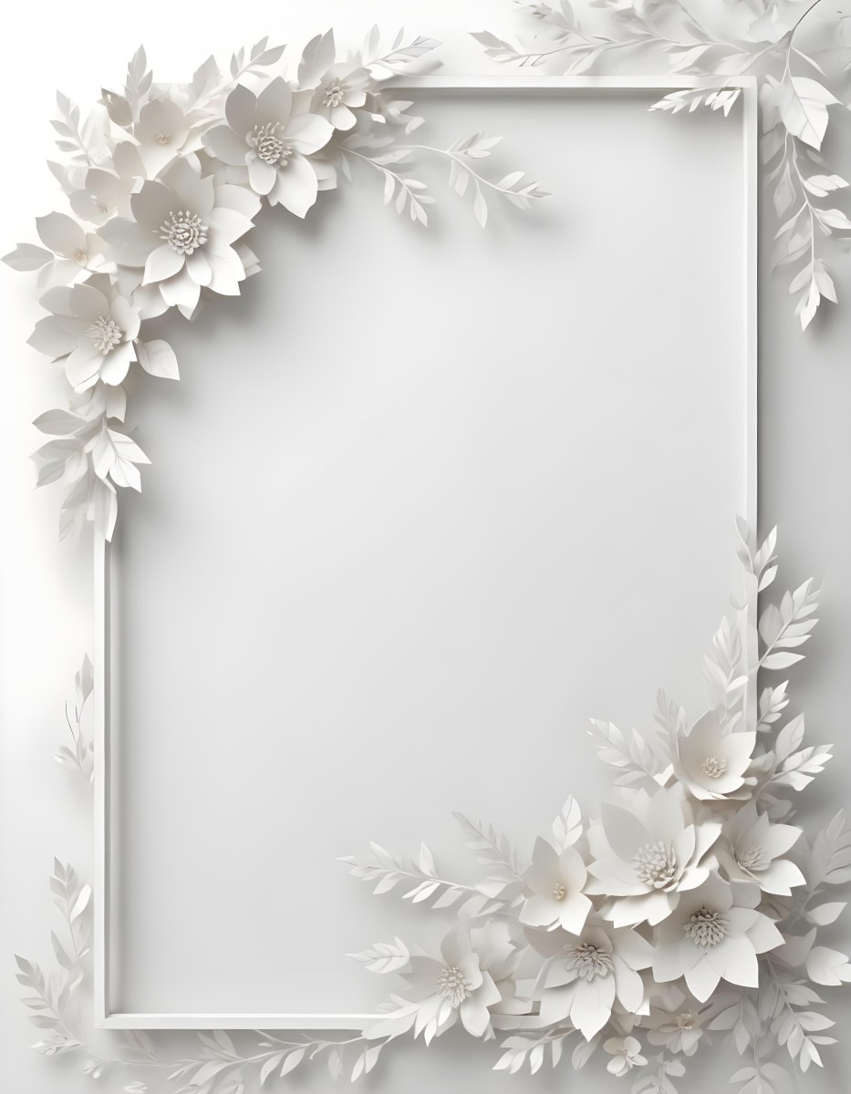 A White And Gold Ornate Frame With Floral Decorations Including White Flowers And Green Leaves Against A Light Blue Background 97 8a16