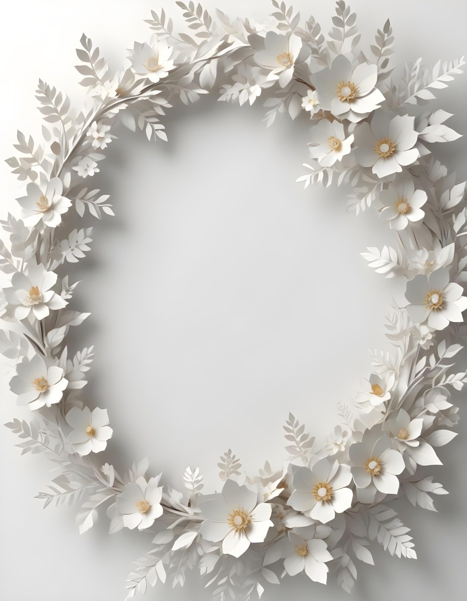 A White And Gold Ornate Frame With Floral Decorations Including White Flowers And Green Leaves Against A Light Blue Background 99 E8a4