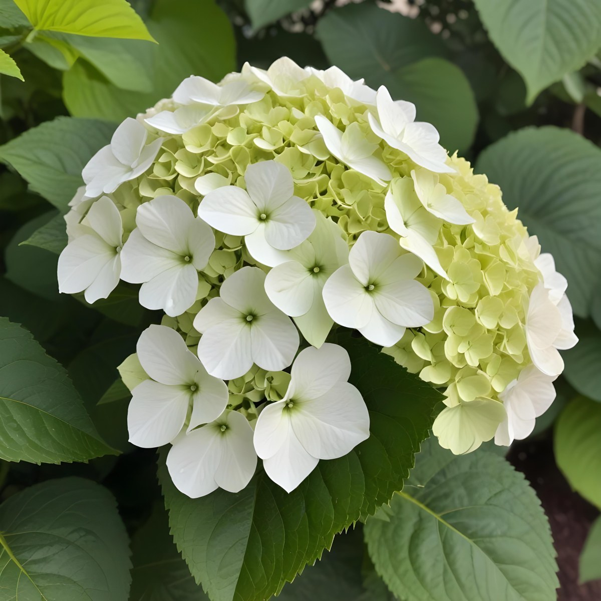 A White And Green Hydrangea Flower With Large Petals And Green Leaves 9 8ef2