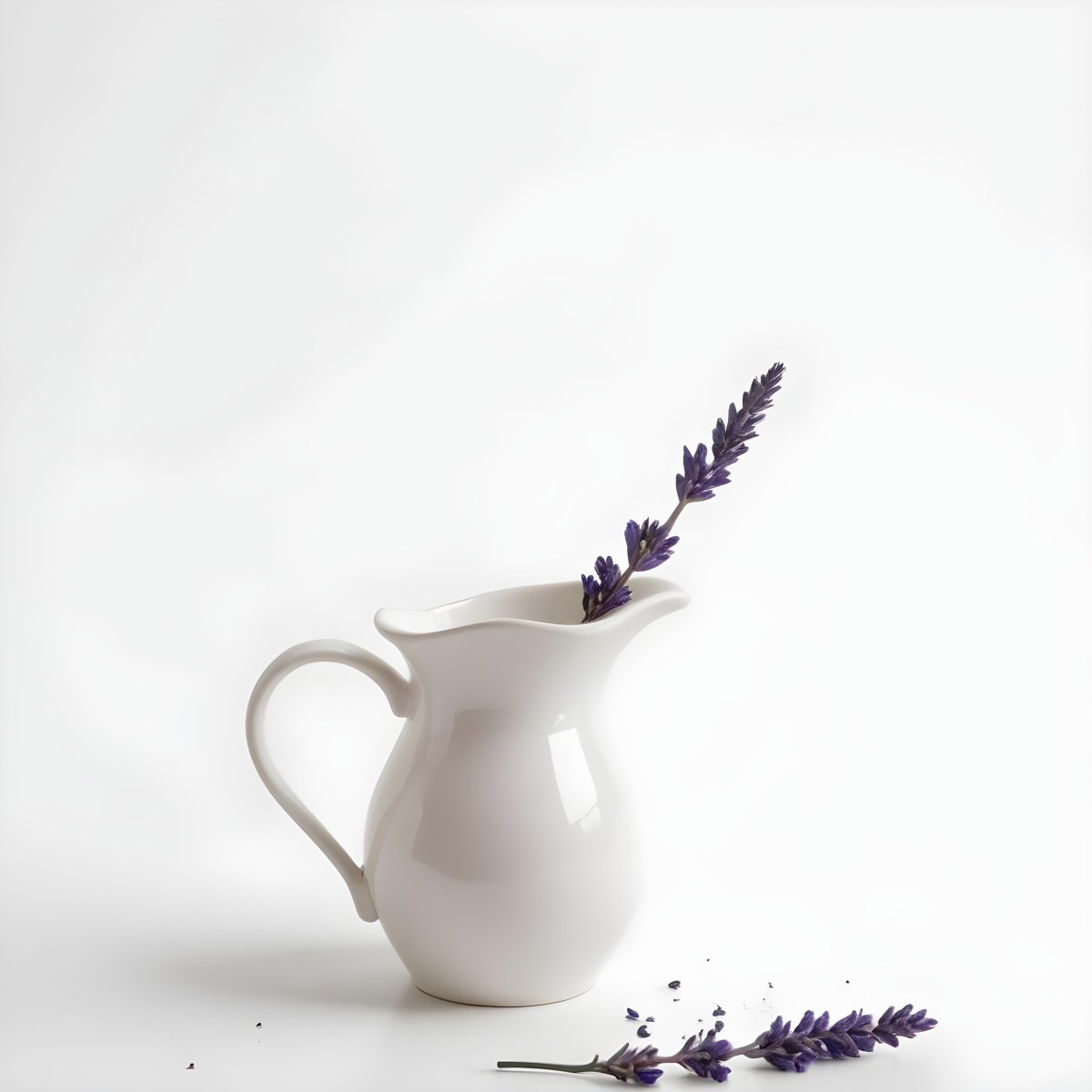 A White Ceramic Pitcher With A Sprig Of Lavender In It Another Sprig Of Lavender Is Lying On The White Surface 5 1f20