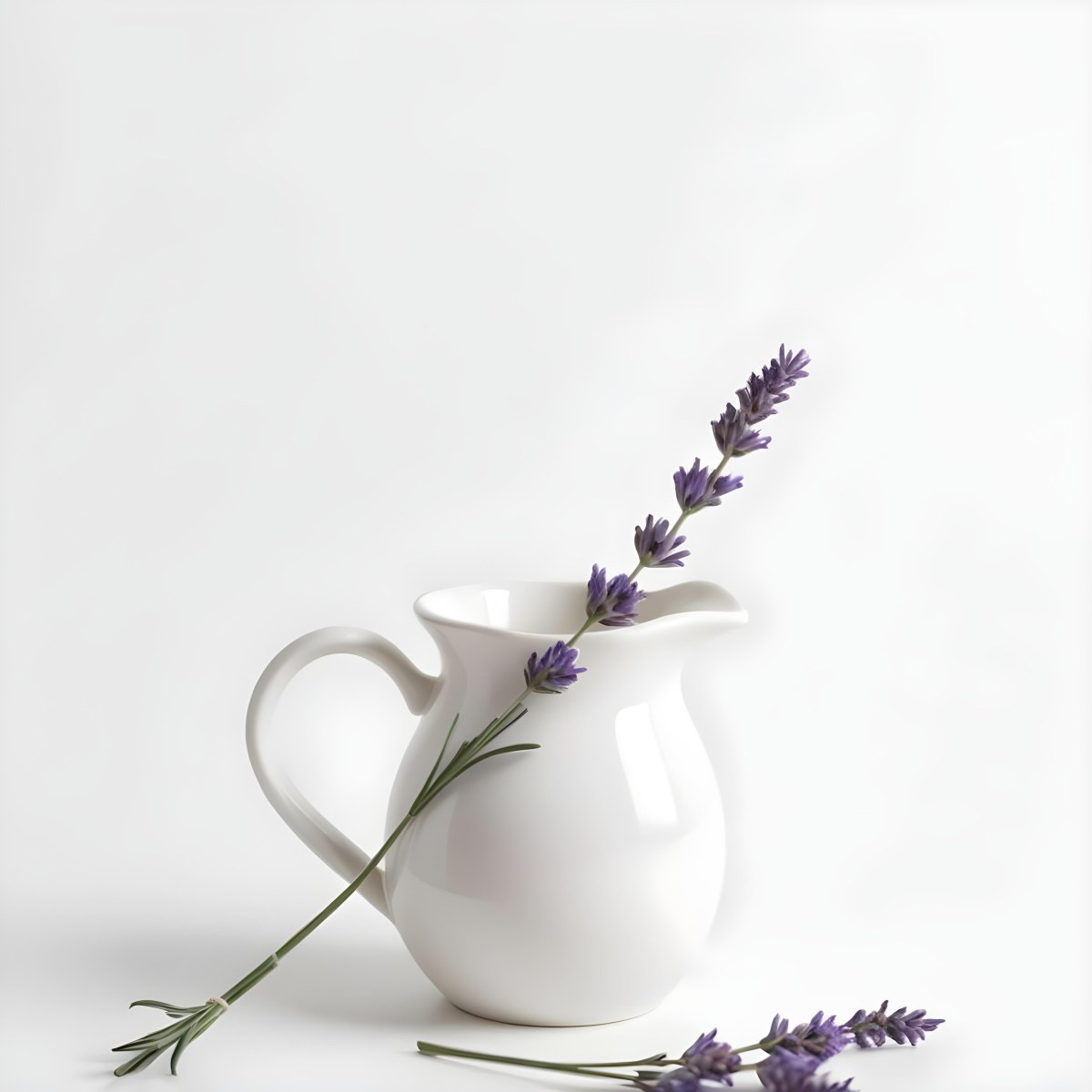 A White Ceramic Pitcher With A Sprig Of Lavender In It Another Sprig Of Lavender Is Lying On The White Surface 9 2d3c