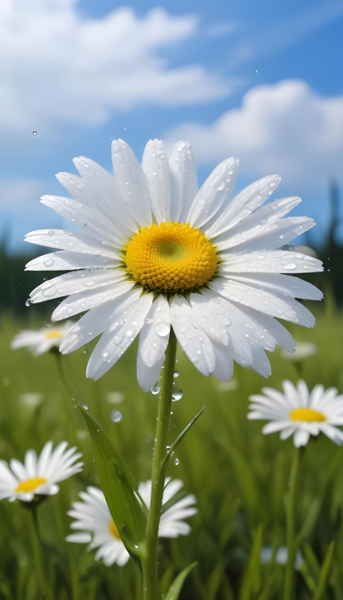 A White Daisy With Water Drops On The Petals Green Center Blue Stem In A Field Of Grass With Other Daisies Blue Sky In The Background 11 02d0