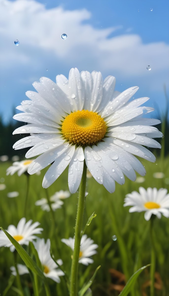 A White Daisy With Water Drops On The Petals Green Center Blue Stem In A Field Of Grass With Other Daisies Blue Sky In The Background 14 758c