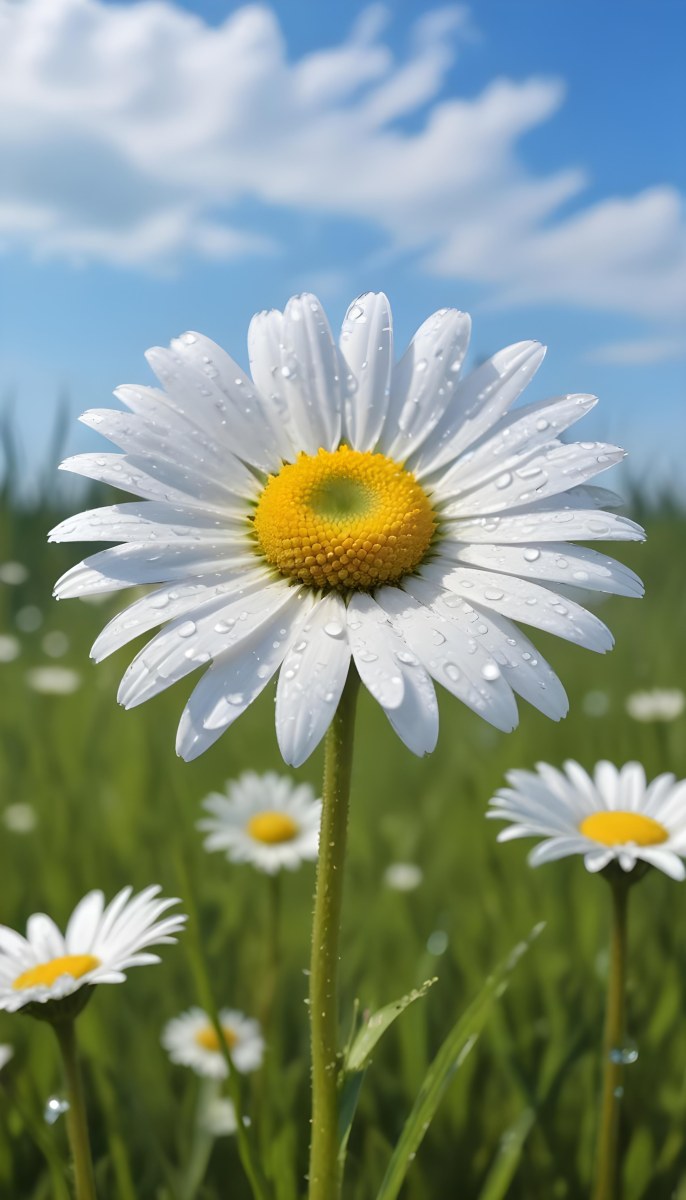 A White Daisy With Water Drops On The Petals Green Center Blue Stem In A Field Of Grass With Other Daisies Blue Sky In The Background 16 38ed