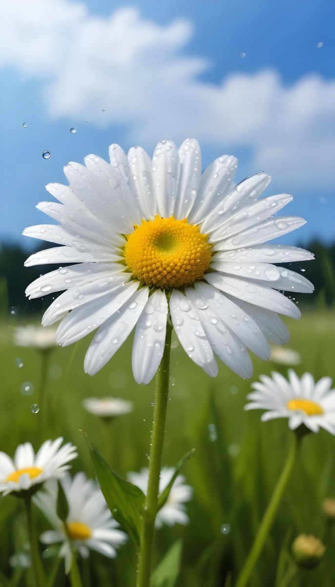 A White Daisy With Water Drops On The Petals Green Center Blue Stem In A Field Of Grass With Other Daisies Blue Sky In The Background 19 627f