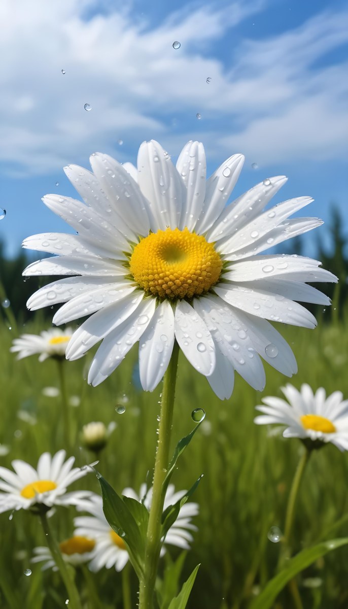 A White Daisy With Water Drops On The Petals Green Center Blue Stem In A Field Of Grass With Other Daisies Blue Sky In The Background 20 Fe16