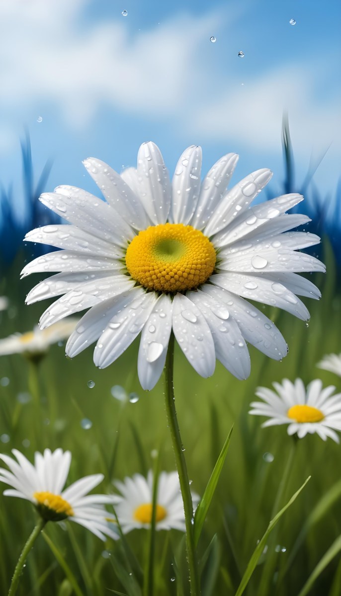 A White Daisy With Water Drops On The Petals Green Center Blue Stem In A Field Of Grass With Other Daisies Blue Sky In The Background 27 060e