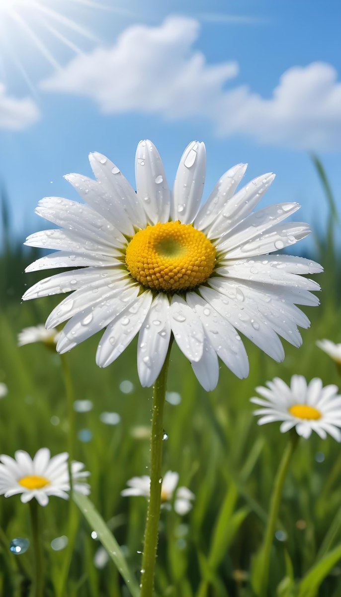 A White Daisy With Water Drops On The Petals Green Center Blue Stem In A Field Of Grass With Other Daisies Blue Sky In The Background 3 Acbd
