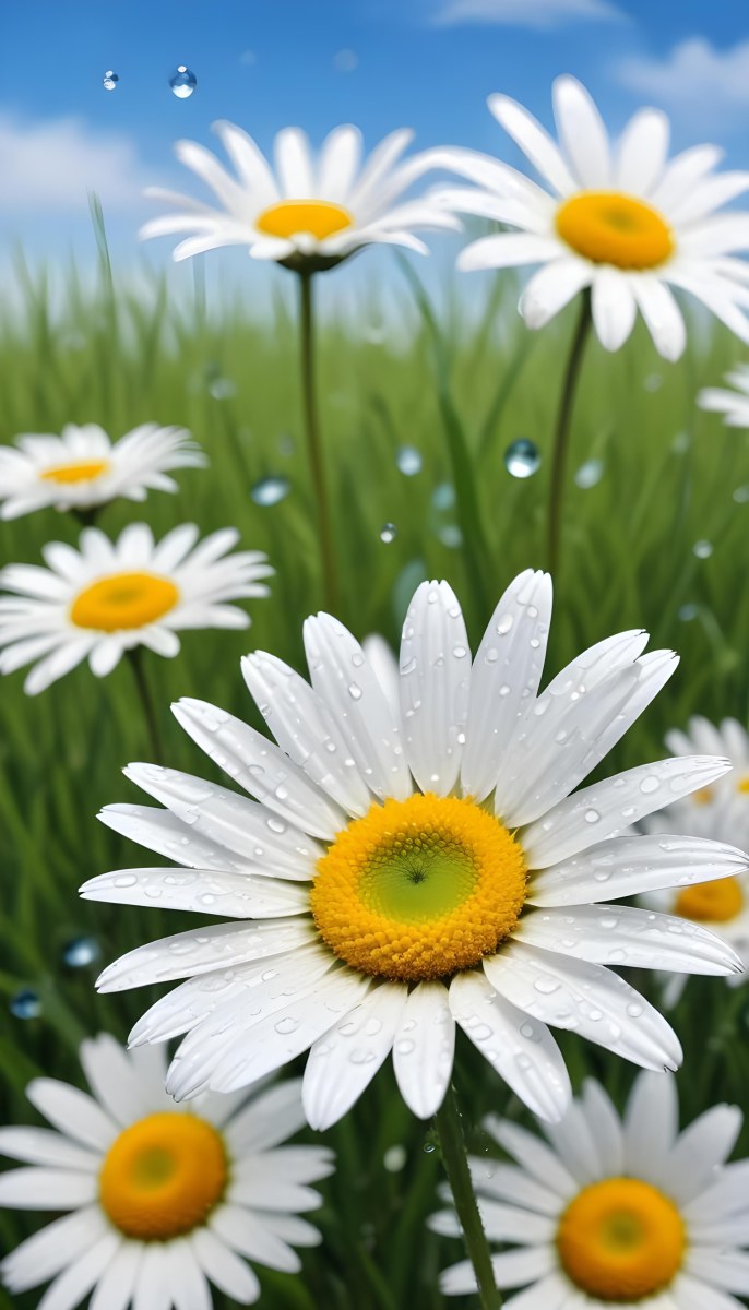 A White Daisy With Water Drops On The Petals Green Center Blue Stem In A Field Of Grass With Other Daisies Blue Sky In The Background 4 Aa8e