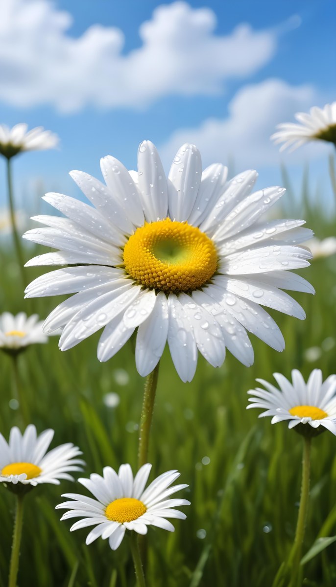 A White Daisy With Water Drops On The Petals Green Center Blue Stem In A Field Of Grass With Other Daisies Blue Sky In The Background 5 B4dc