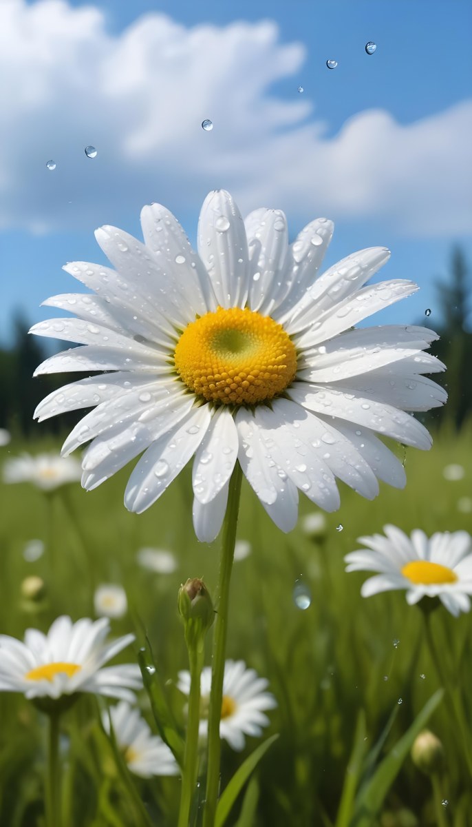 A White Daisy With Water Drops On The Petals Green Center Blue Stem In A Field Of Grass With Other Daisies Blue Sky In The Background 6 2333