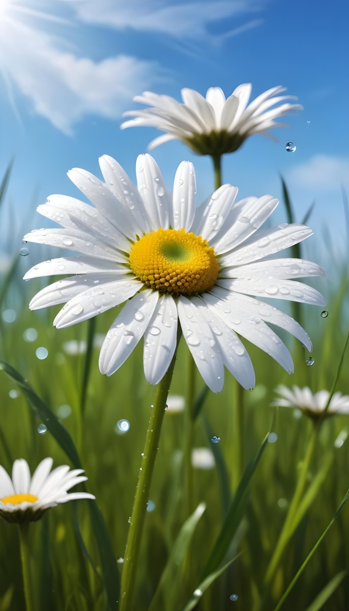 A White Daisy With Water Drops On The Petals Green Center Blue Stem In A Field Of Grass With Other Daisies Blue Sky In The Background 7 9080