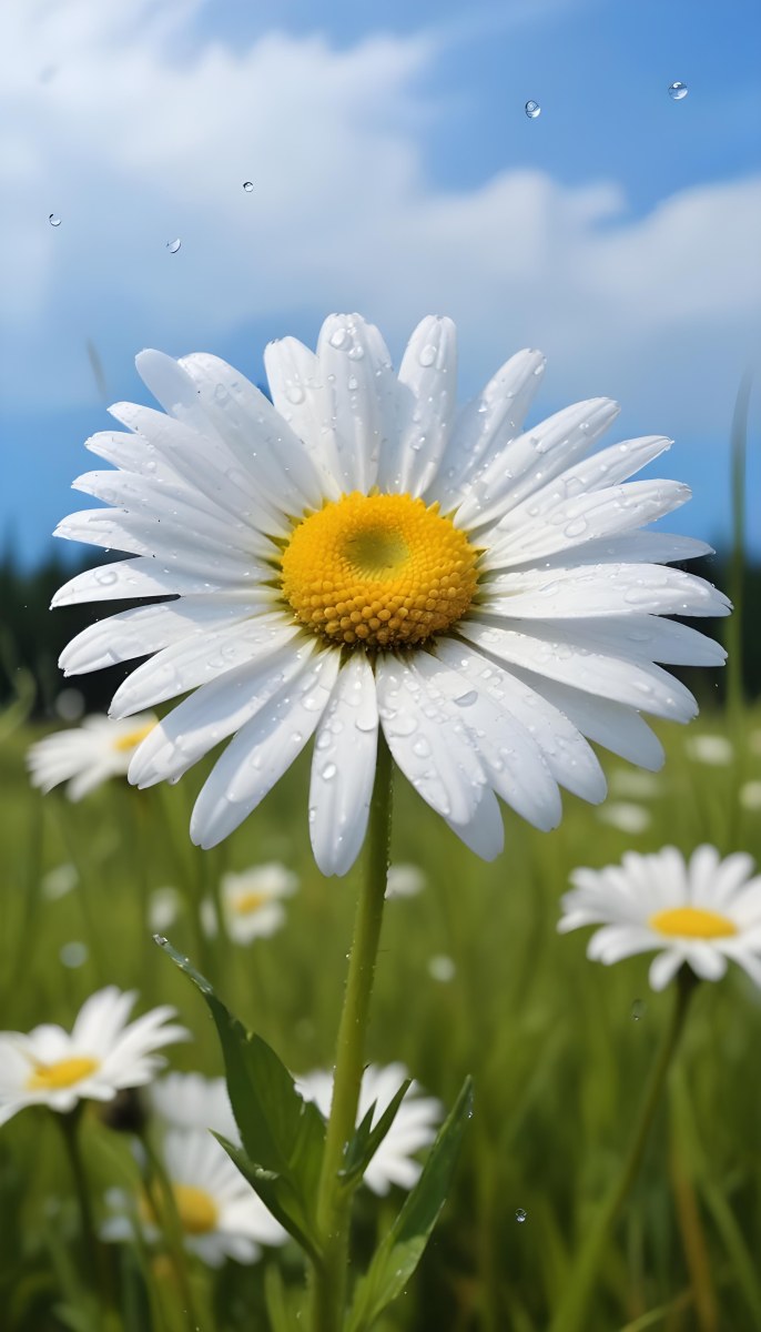 A White Daisy With Water Drops On The Petals Green Center Blue Stem In A Field Of Grass With Other Daisies Blue Sky In The Background 8 7614