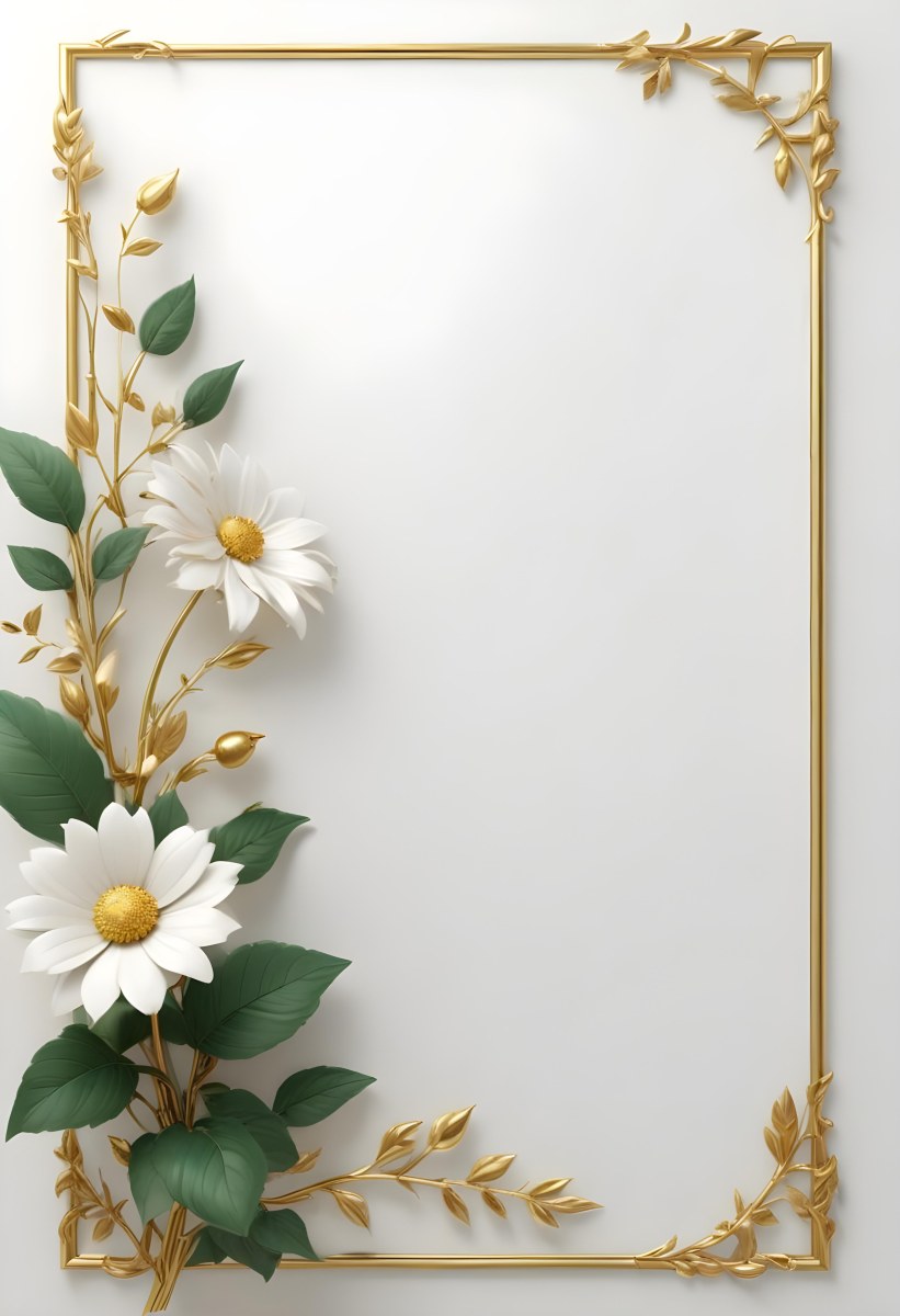 A White Flower With Green Leaves And Golden Stems On A Light Background With A Golden Frame 95 Eb53