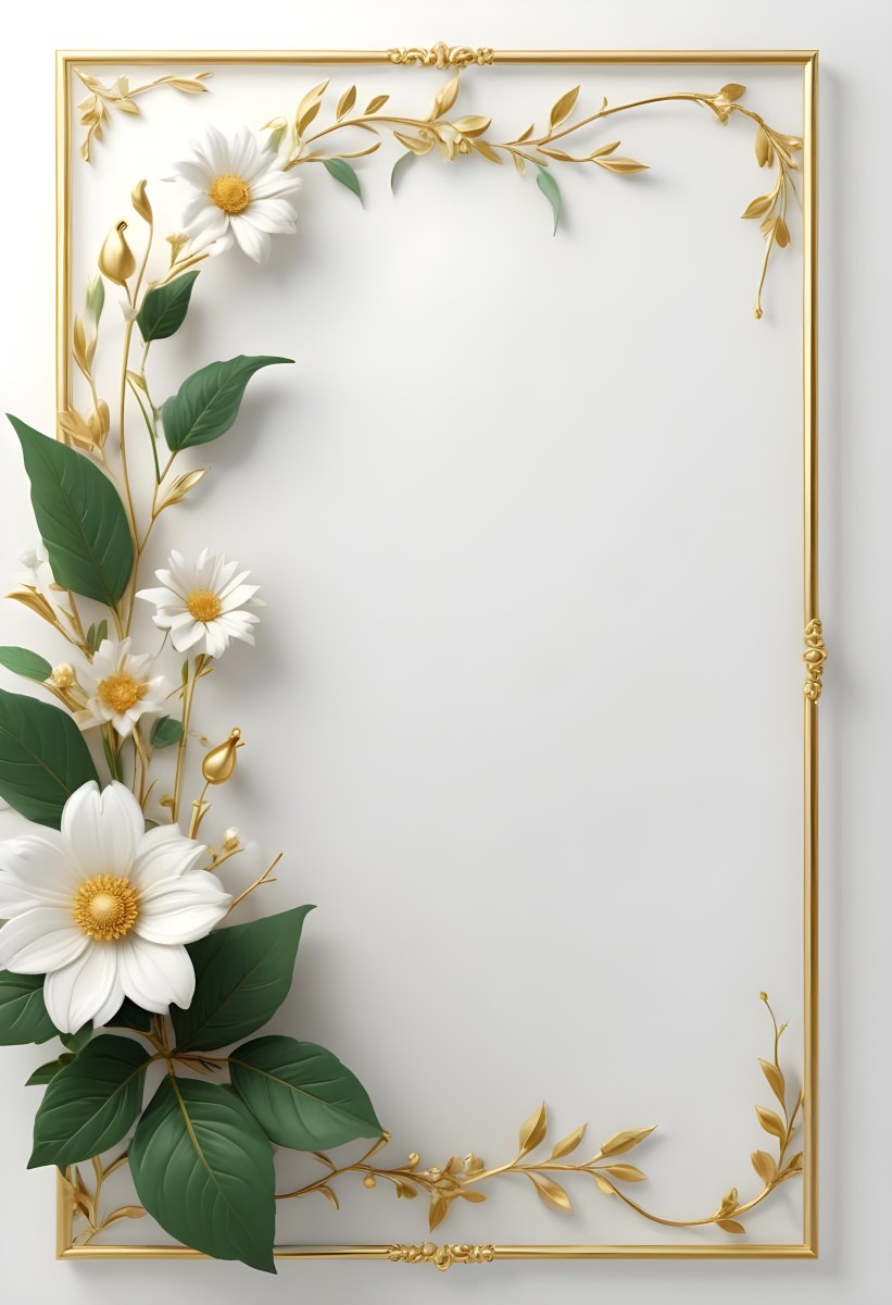 A White Flower With Green Leaves And Golden Stems On A Light Background With A Golden Frame 96 02a4