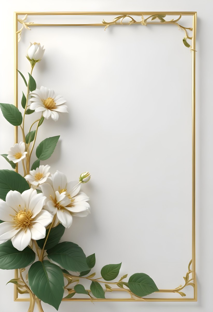 A White Flower With Green Leaves And Golden Stems On A Light Background With A Golden Frame 97 D4e5