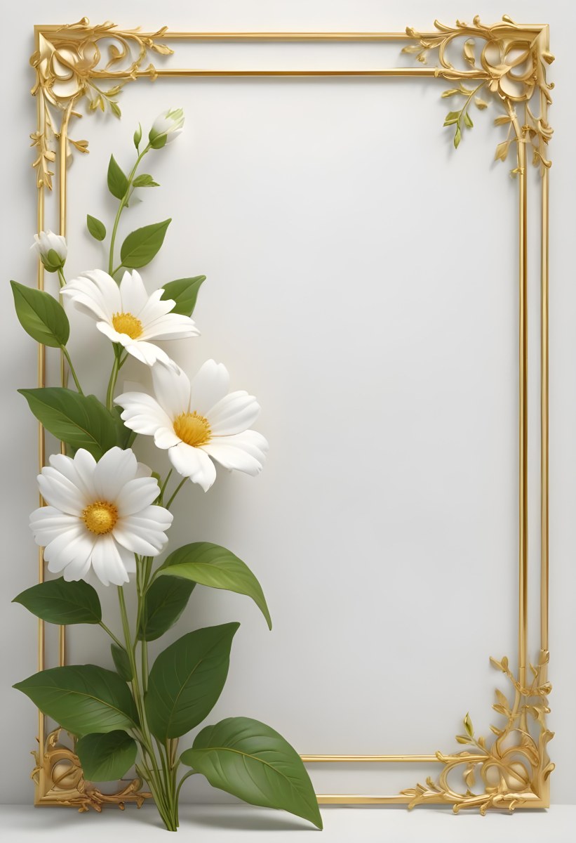 A White Flower With Green Leaves And Golden Stems On A Light Background With A Golden Frame 98 Ee61