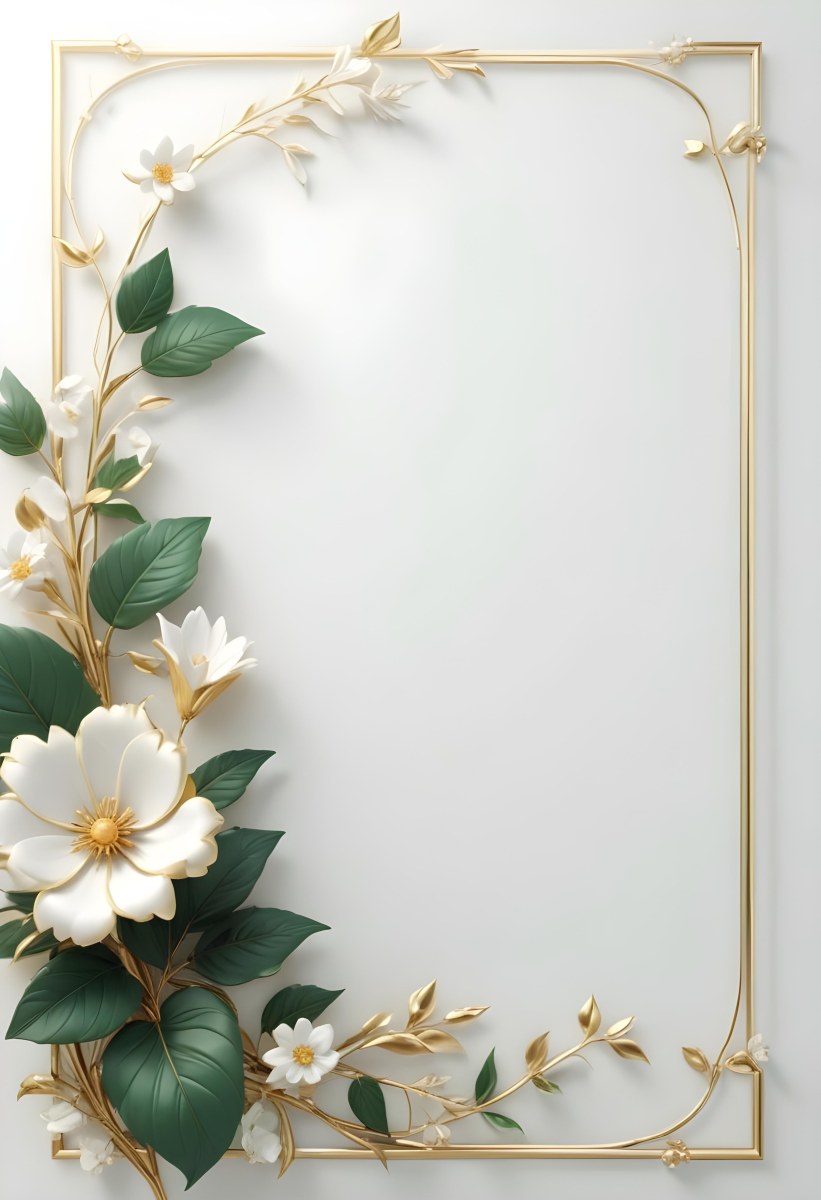 A White Flower With Green Leaves And Golden Stems On A Light Background With A Golden Frame 99 6ffe