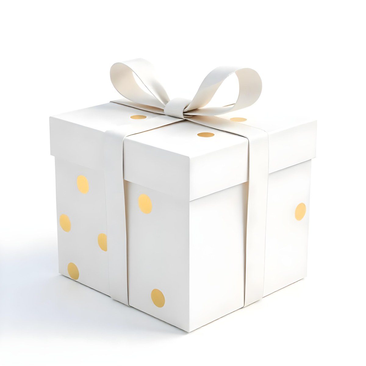 A White Gift Box With Golden Polka Dots And A White Ribbon Isolated On A White Background 6 9b89