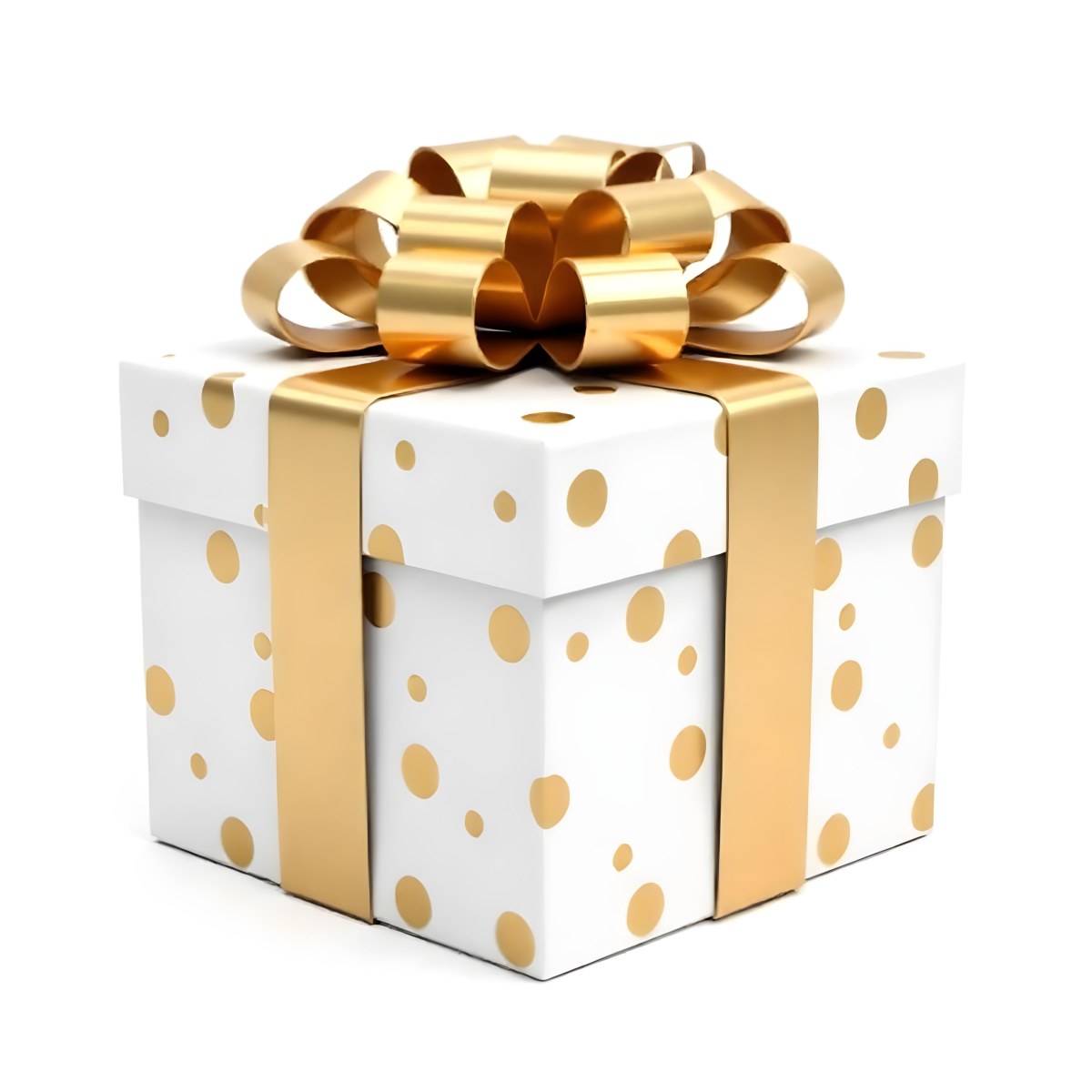 A White Gift Box With Golden Polka Dots And A White Ribbon Isolated On A White Background 7 8482
