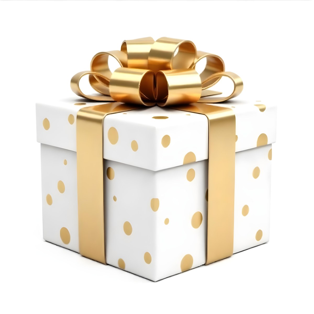 A White Gift Box With Golden Polka Dots And A White Ribbon Isolated On A White Background 9 6d85