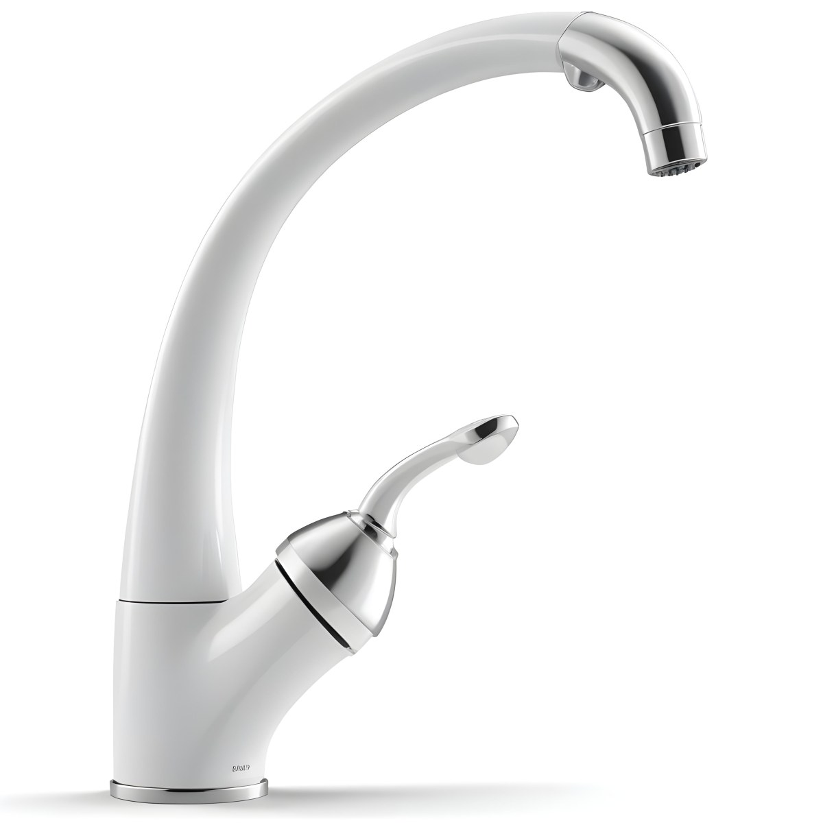 A White Kitchen Faucet With A Curved Spout And A Single Handle Set Against A Plain White Background Showcasing Its Sleek Design And Reflective Surface 11 0026