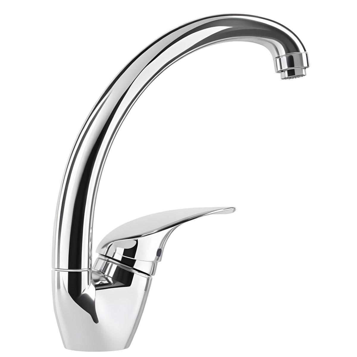A White Kitchen Faucet With A Curved Spout And A Single Handle Set Against A Plain White Background Showcasing Its Sleek Design And Reflective Surface 26 E9c5