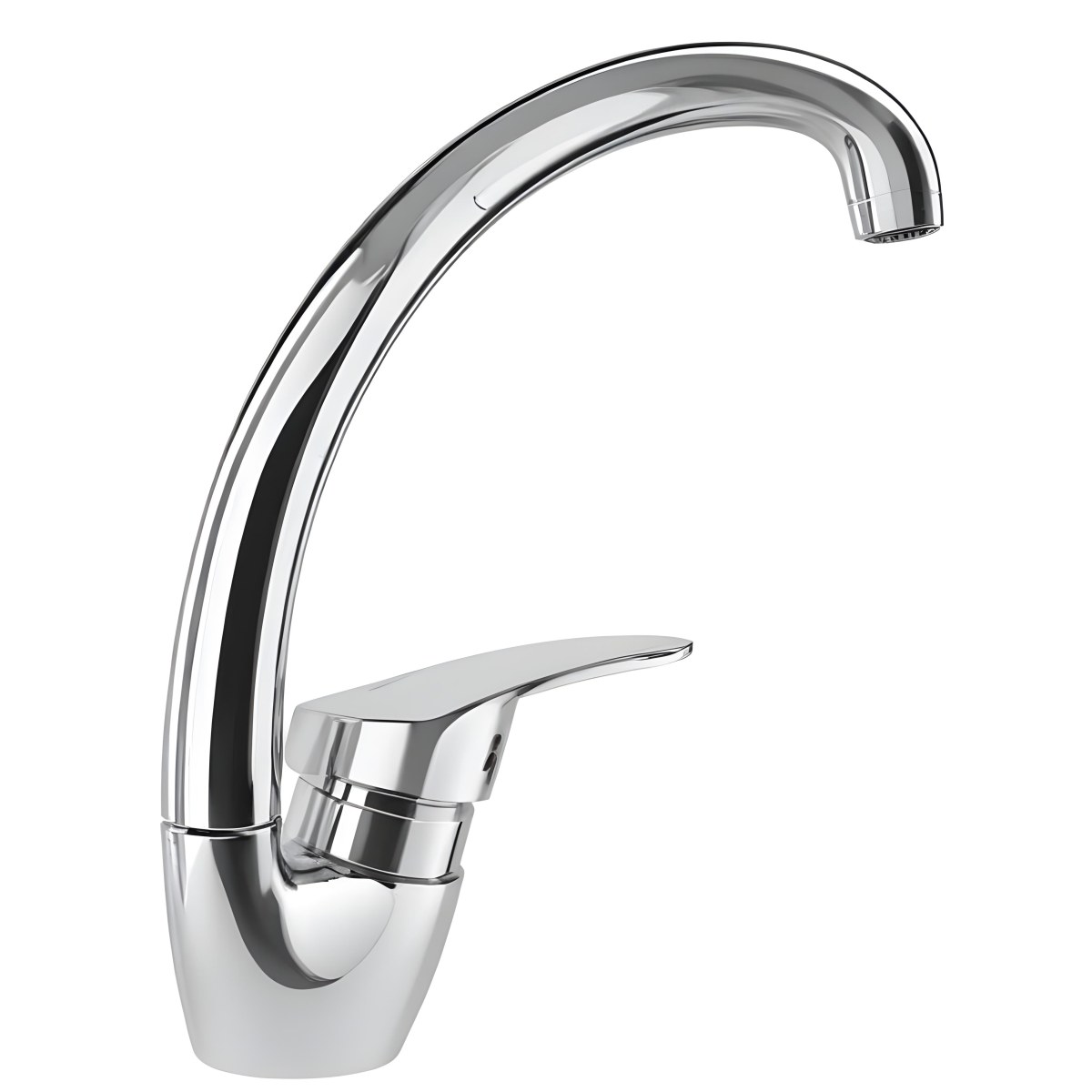 A White Kitchen Faucet With A Curved Spout And A Single Handle Set Against A Plain White Background Showcasing Its Sleek Design And Reflective Surface 3 188d