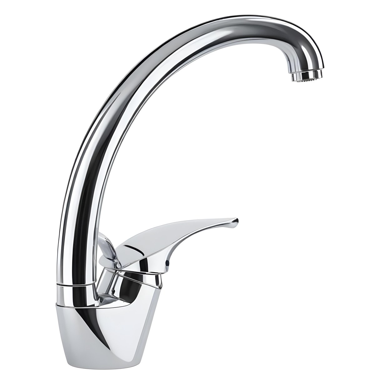 A White Kitchen Faucet With A Curved Spout And A Single Handle Set Against A Plain White Background Showcasing Its Sleek Design And Reflective Surface 38 4276