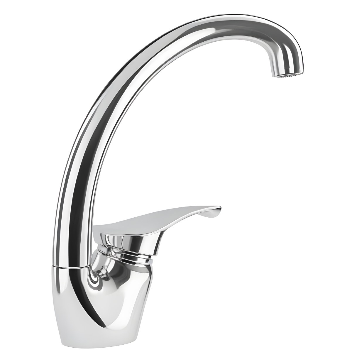 A White Kitchen Faucet With A Curved Spout And A Single Handle Set Against A Plain White Background Showcasing Its Sleek Design And Reflective Surface 4 7a75