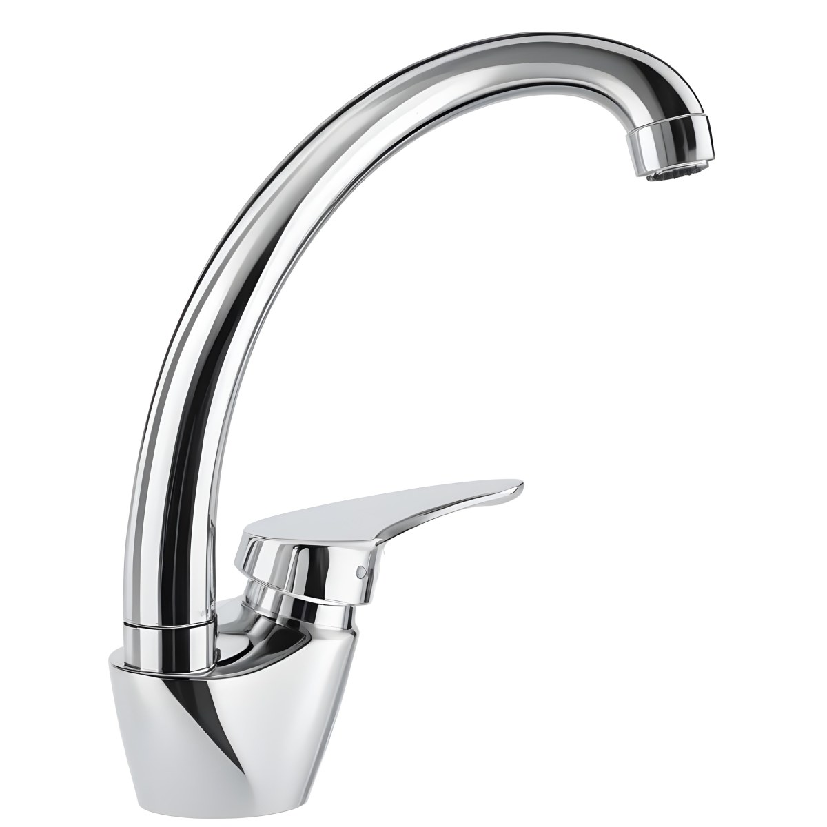 A White Kitchen Faucet With A Curved Spout And A Single Handle Set Against A Plain White Background Showcasing Its Sleek Design And Reflective Surface 4 C669