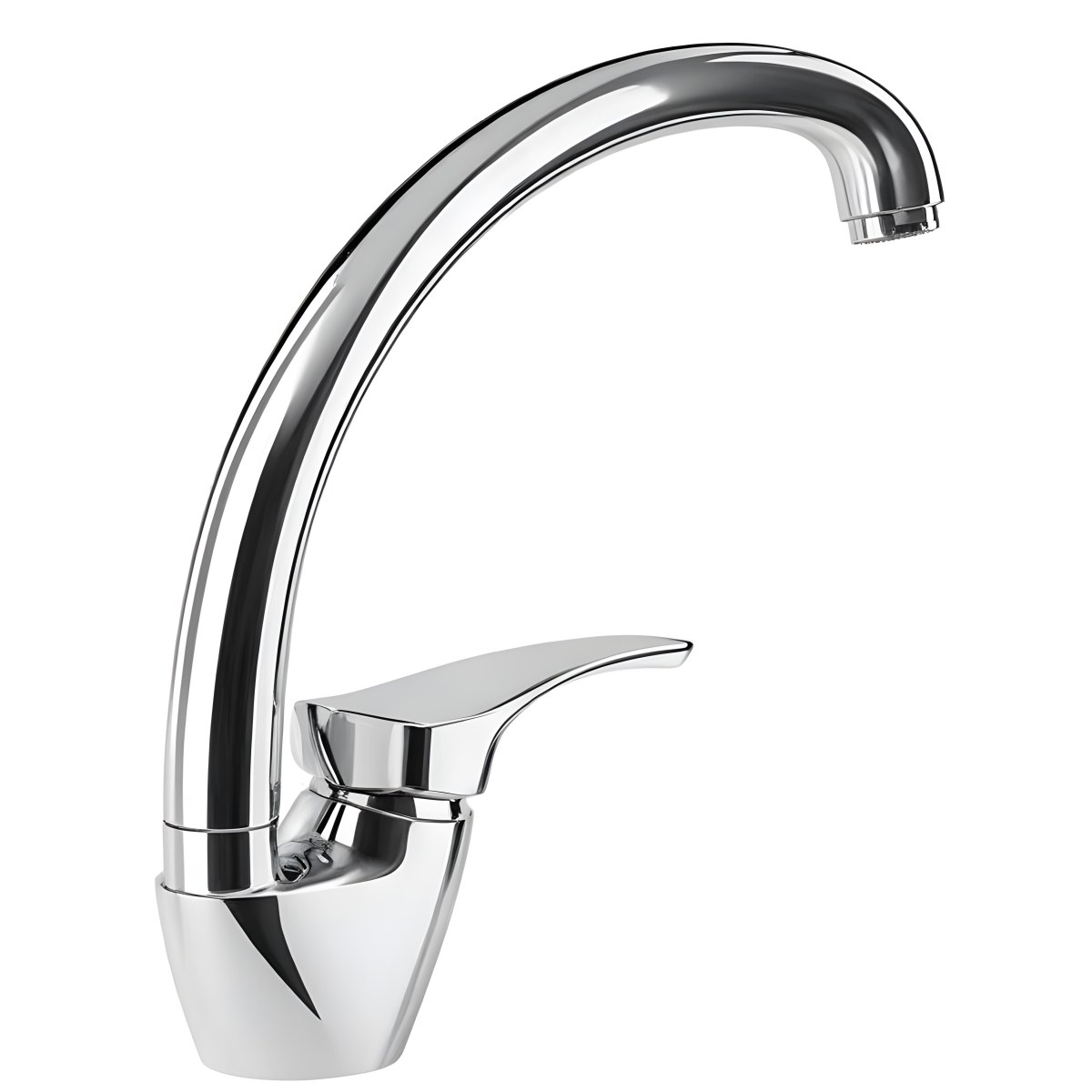 A White Kitchen Faucet With A Curved Spout And A Single Handle Set Against A Plain White Background Showcasing Its Sleek Design And Reflective Surface 7 10c1