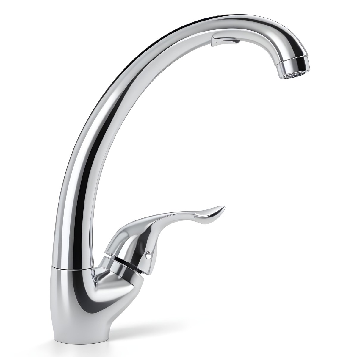 A White Kitchen Faucet With A Curved Spout And A Single Handle Set Against A Plain White Background Showcasing Its Sleek Design And Reflective Surface 8 E07f