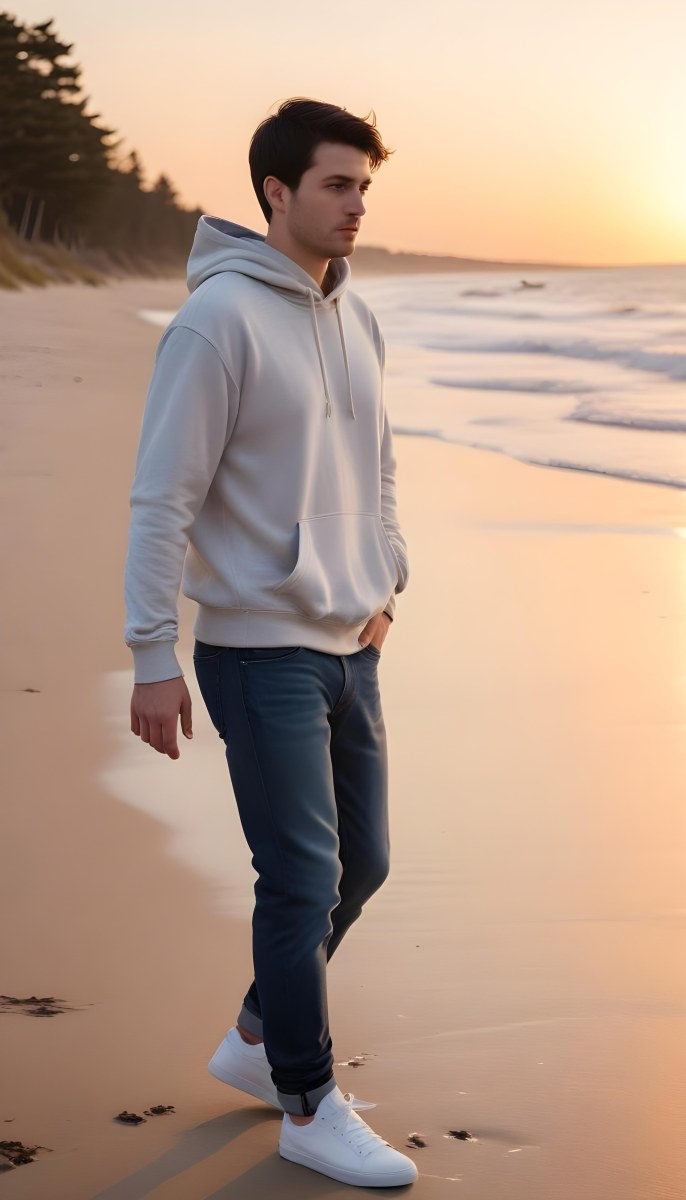 A White Man 28 Years Old Dark Hair Wearing A Hoodie And Jeans Walking On The Beach At Sunset 19 6500