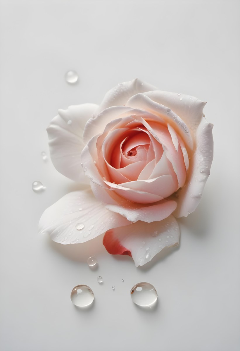 A White Rose Petal With A Water Drop On Top And Some Smaller Petals Scattered On A White Surface 21 7cd1