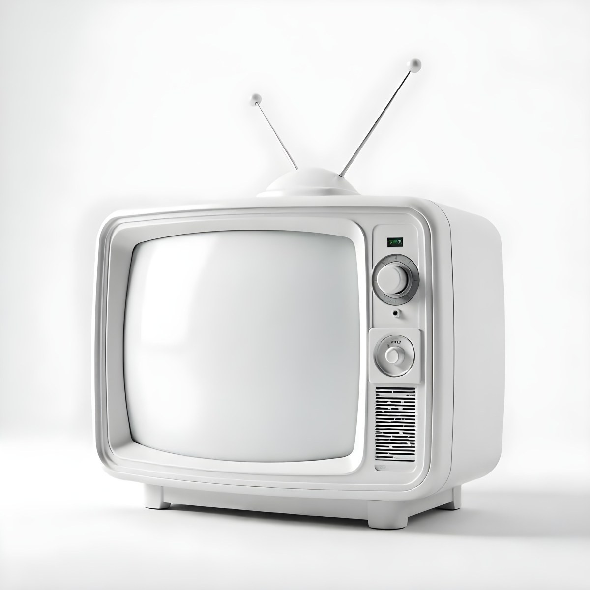 A White Vintage Television With Antenna On A White Background The Screen Is White The Tv Has Round Corners And A Speaker 26 6268