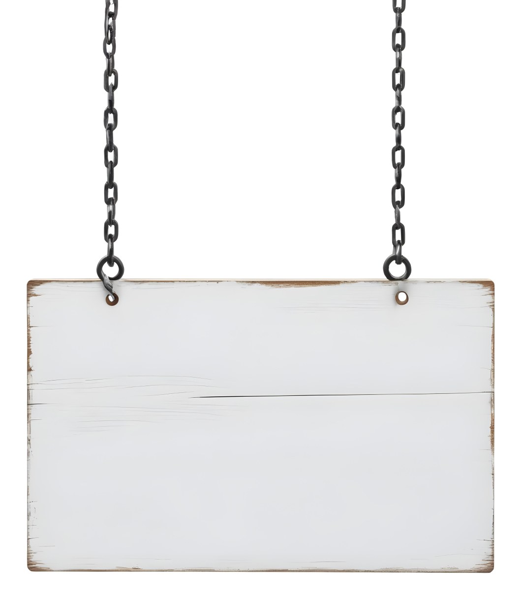 A White Wooden Sign Hanging From Two Metal Chains The Background Is Plain White 17 Ae41