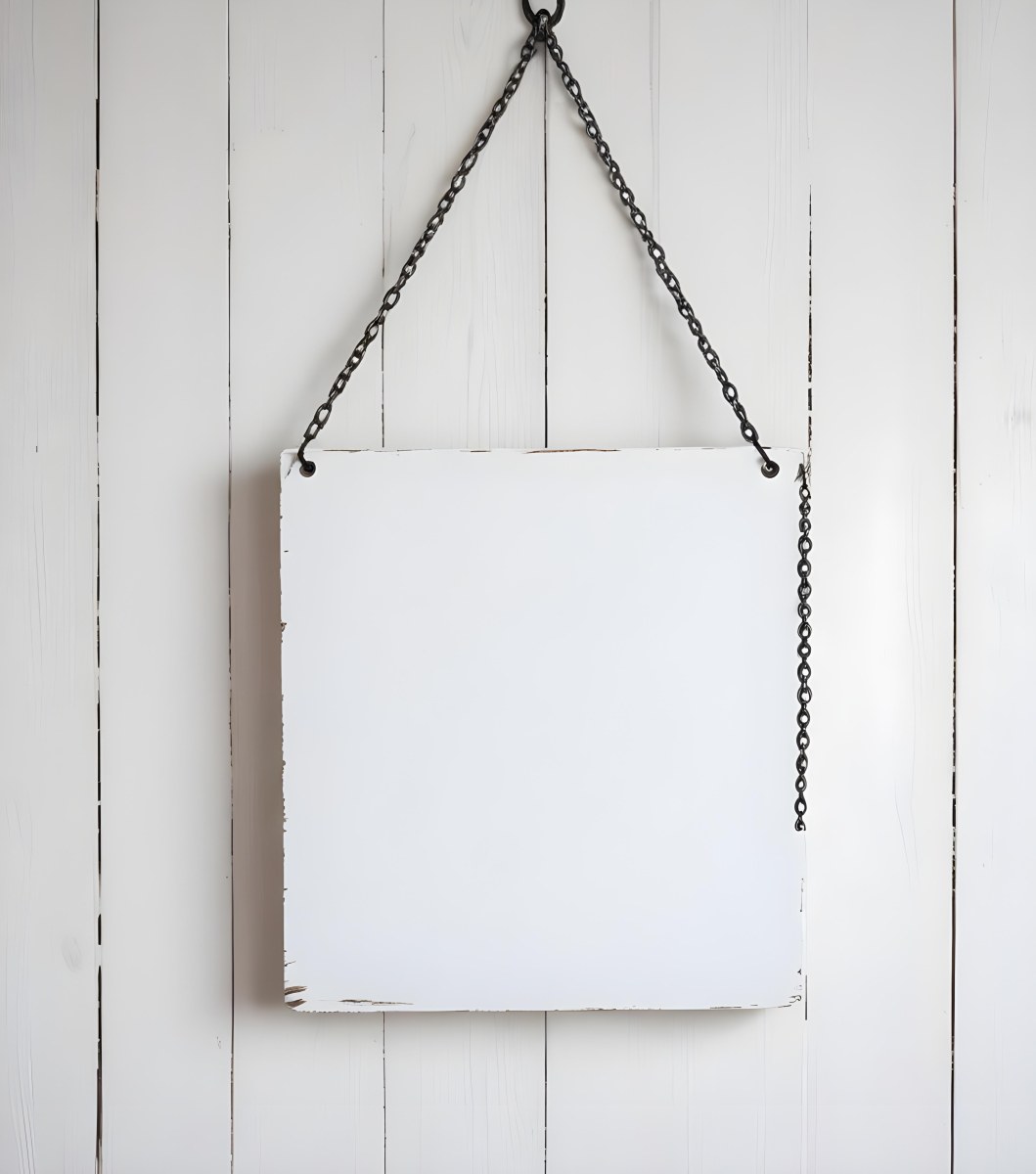 A White Wooden Sign Hanging From Two Metal Chains The Background Is Plain White 2 2d71