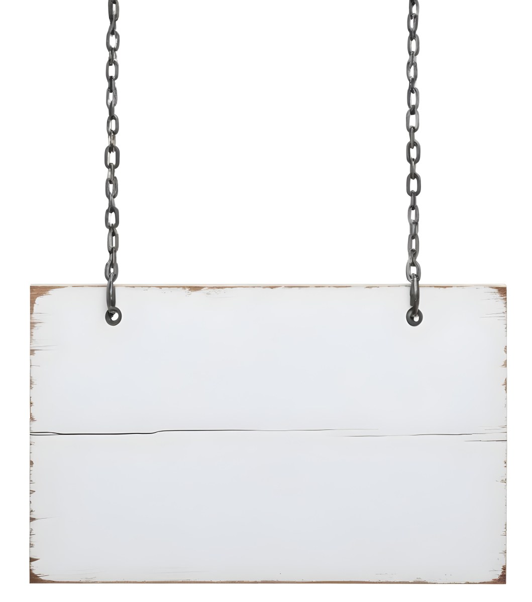 A White Wooden Sign Hanging From Two Metal Chains The Background Is Plain White 21 398d