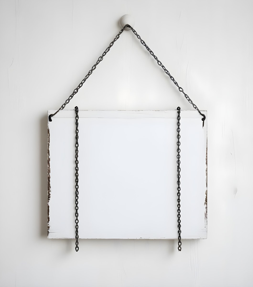 A White Wooden Sign Hanging From Two Metal Chains The Background Is Plain White 26 A708