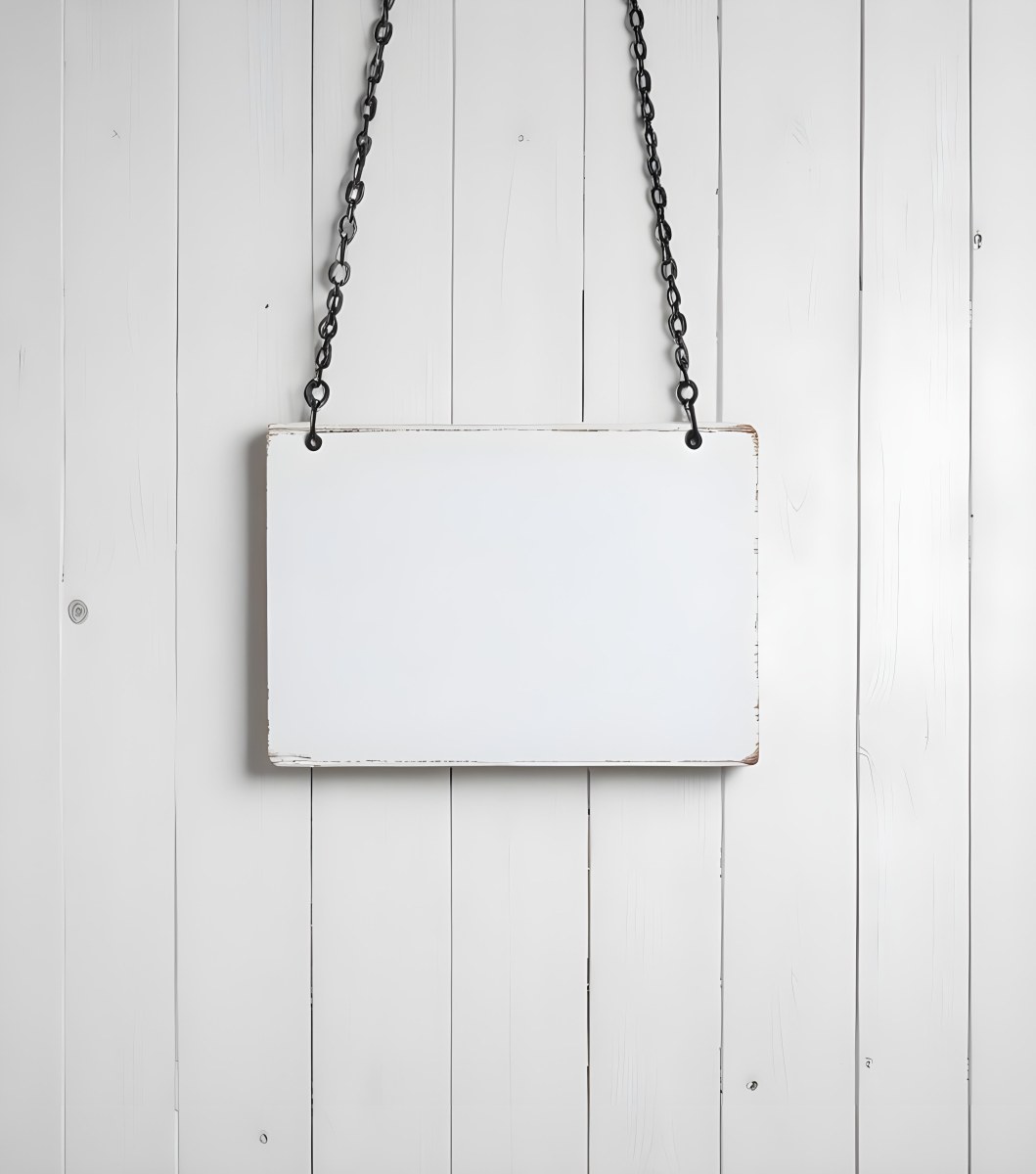 A White Wooden Sign Hanging From Two Metal Chains The Background Is Plain White 28 Dd88