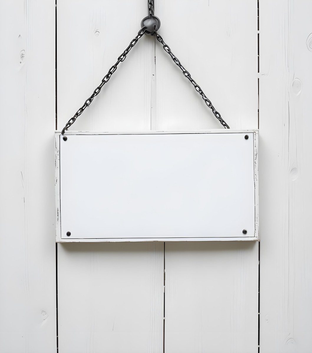 A White Wooden Sign Hanging From Two Metal Chains The Background Is Plain White 3 Dde3