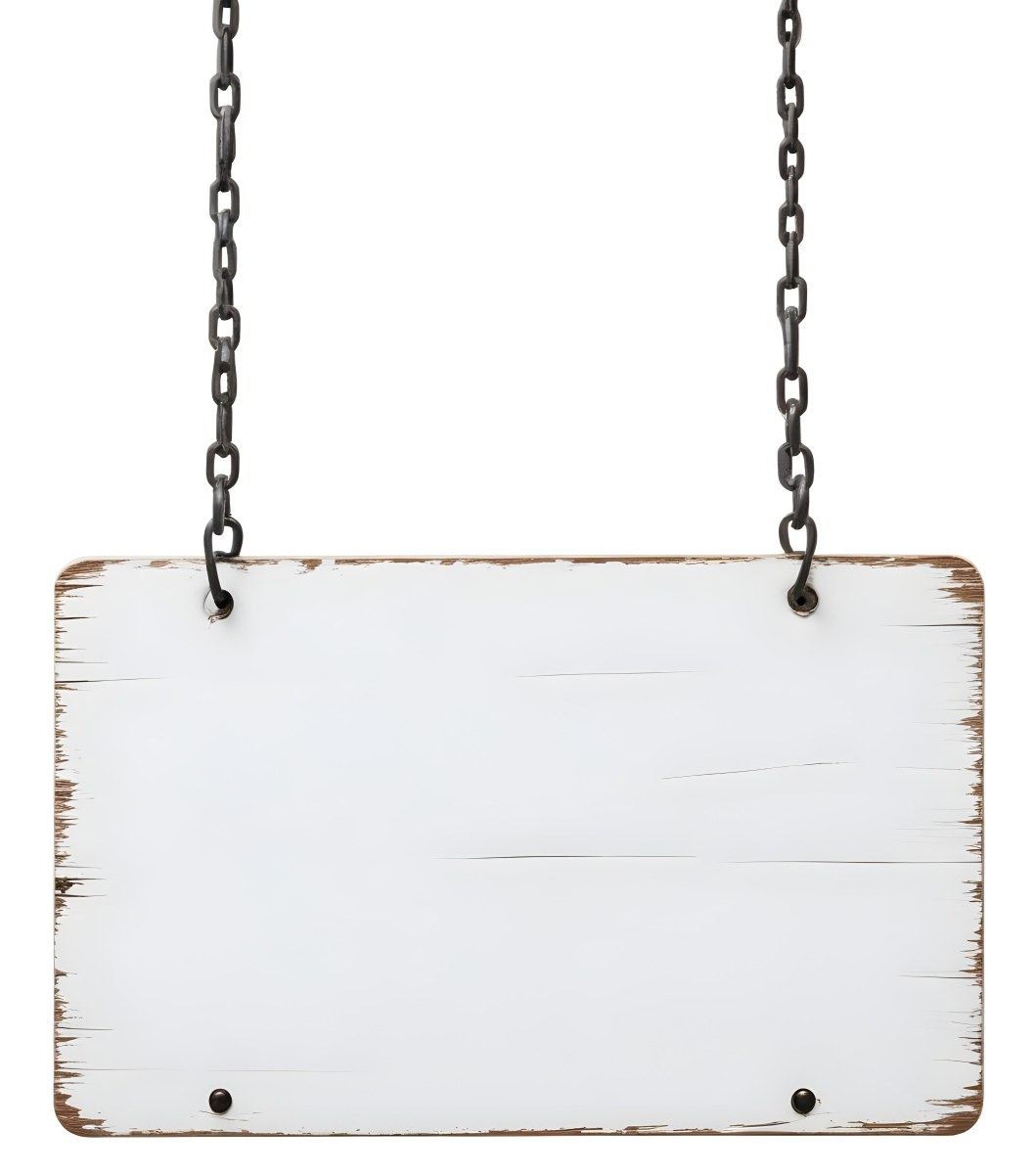 A White Wooden Sign Hanging From Two Metal Chains The Background Is Plain White 5 7d0d